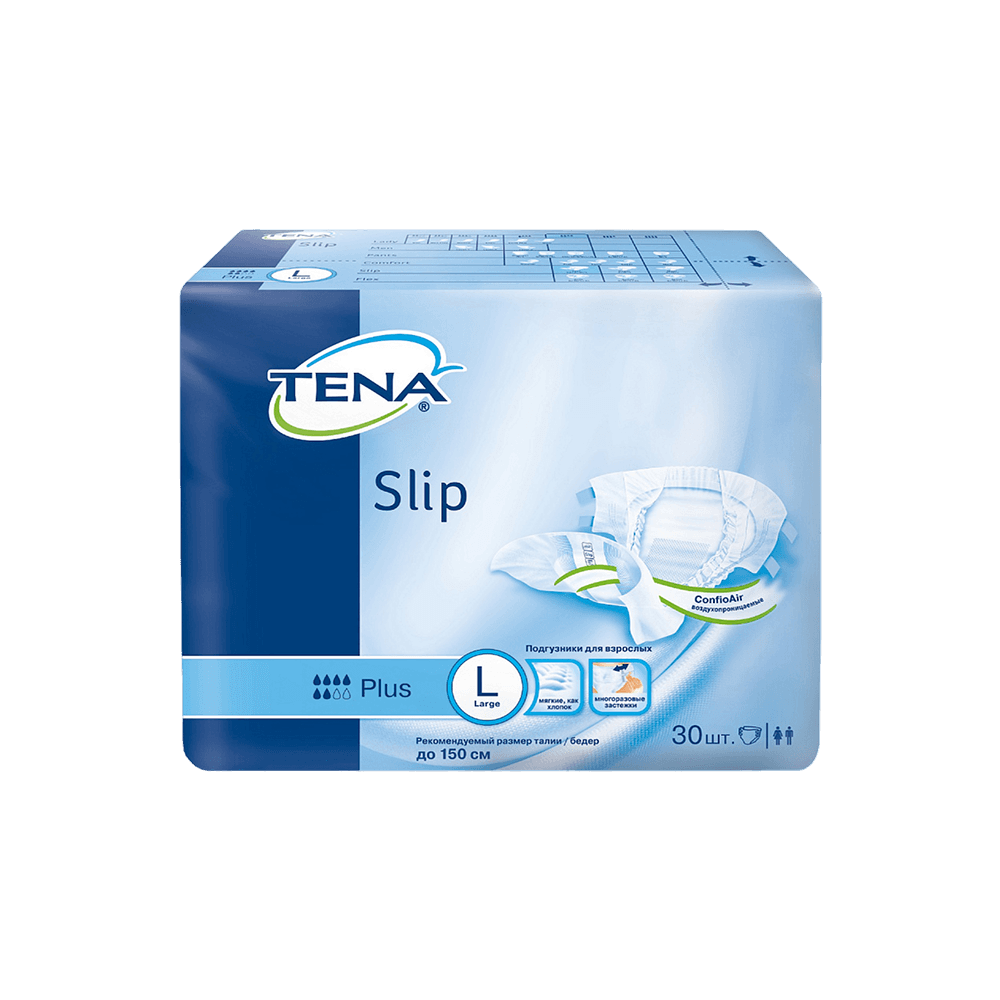 Ересектерге арналған жаялықтар TENA Slip Plus L тыныс алатын. 100-150 см, 30 дана
